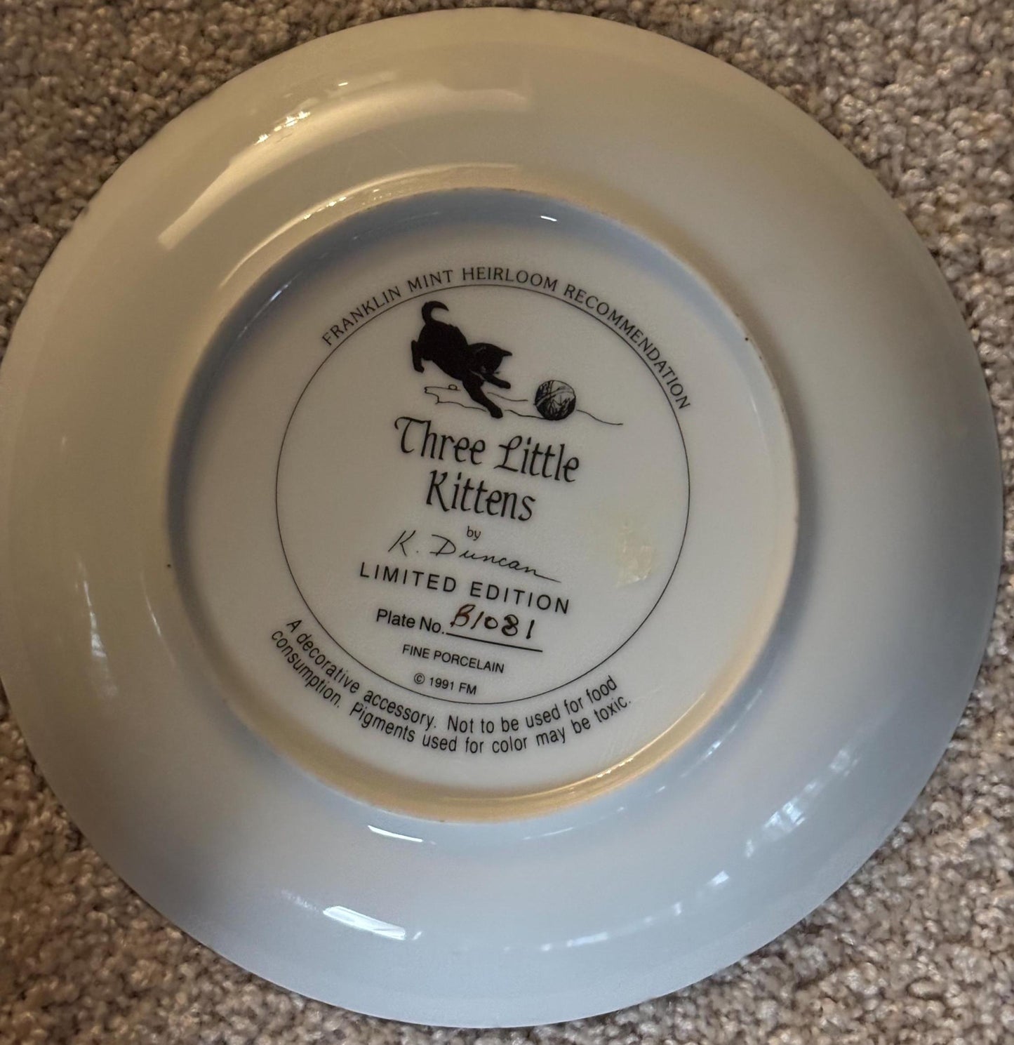 Franklin Mint Three Little Kittens Plate, Cat Collection #B1081, Lover Antiques and Vintage