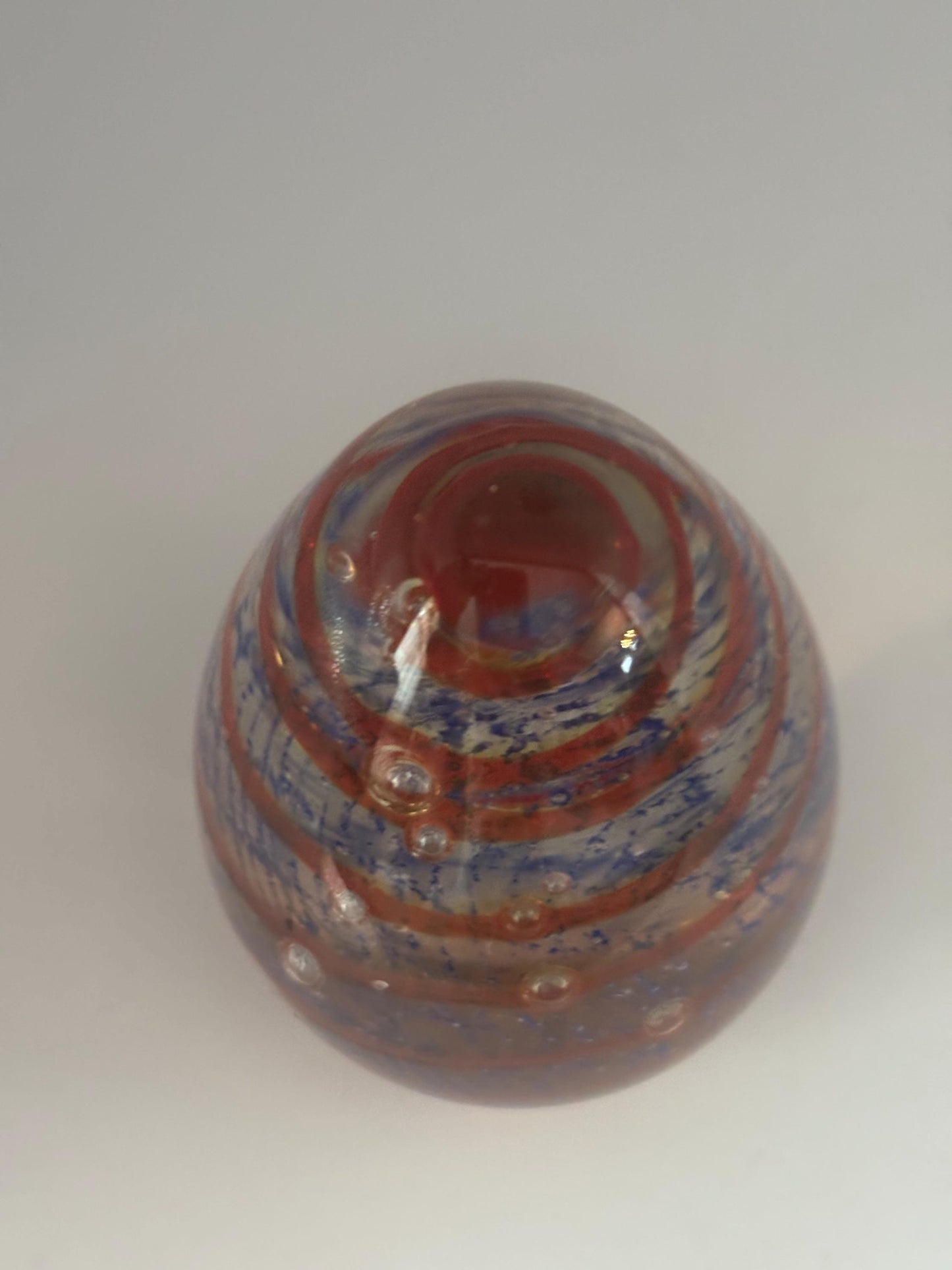 Vintage Murano Glass Paperweight Egg Blue Red Ribbons Italian Art Glass with Caged Bubbles