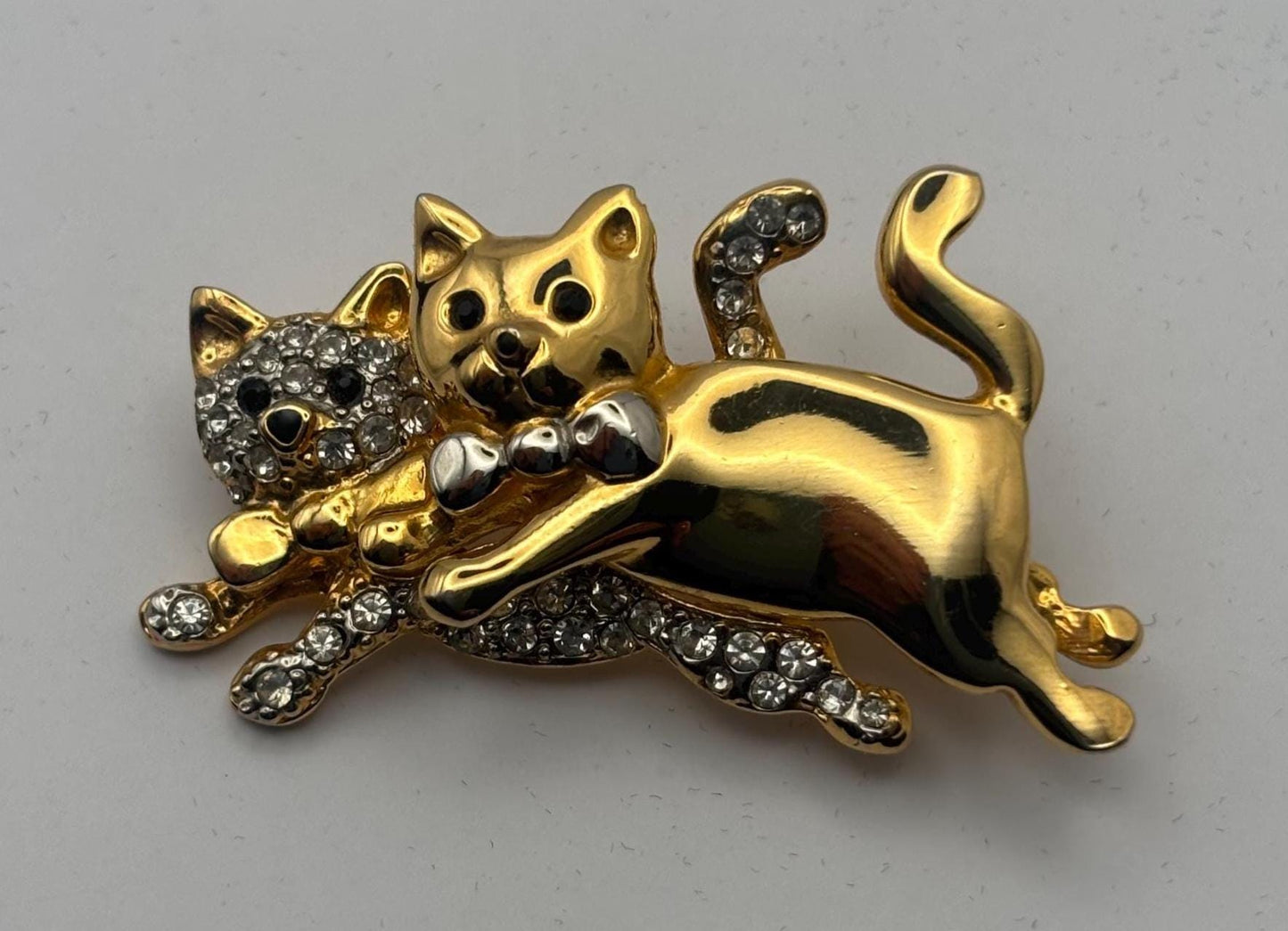 Vintage Cats with Bows Brooch, Gold & Silver Kittens Pin, Lover Antiques and Vintage