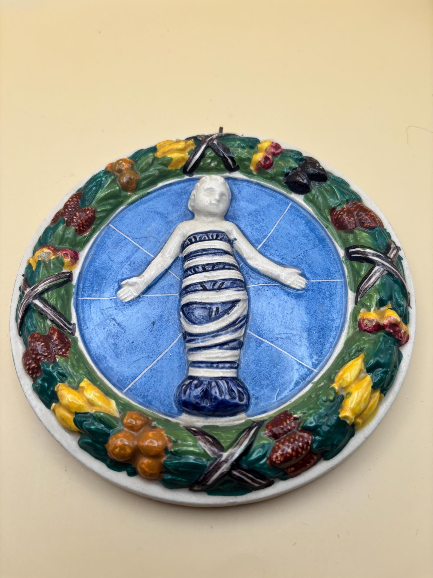 Vintage Italian Della Robbia Ceramic Christ Child Wall Plaque