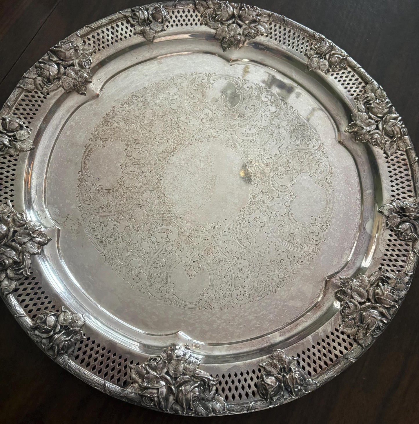 Antique Wallace Silver Plate on Copper Large Platter Numbered L2158 Adorned with Roses Lover Antiques and Vintage