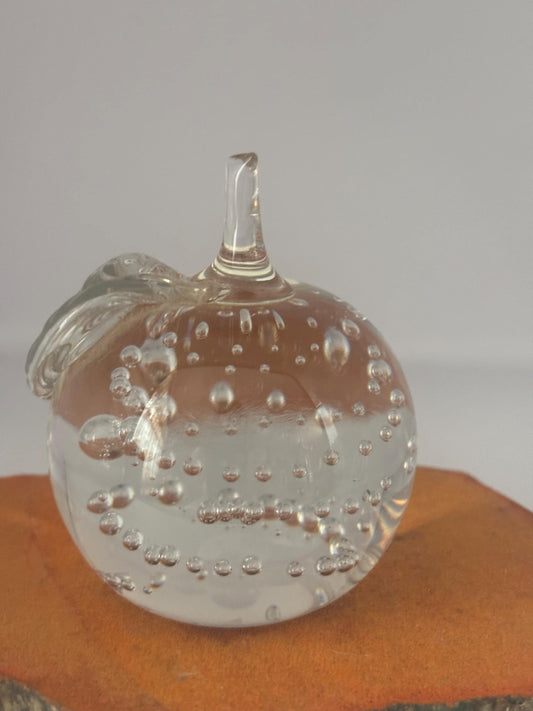 Vintage Hand Blown Glass Apple Paperweight with Bubbles Stem Leaf 3 Inch Clear Art Glass Decor