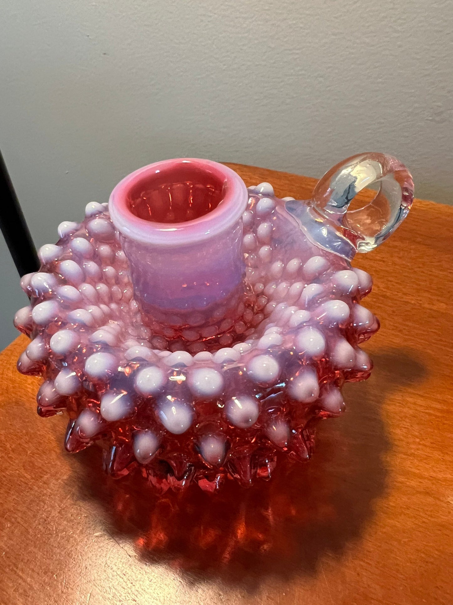 Vintage Fenton Cranberry Opalescent Hobnail Candleholder Pair Art Glass Pink Rose vintage