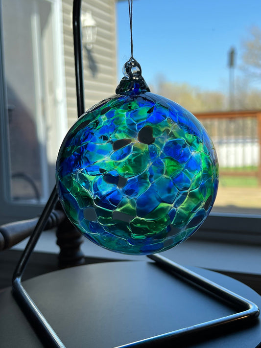 Vintage Blue Stained Glass Ball Ornament: Mid Century Modern Holiday Decor