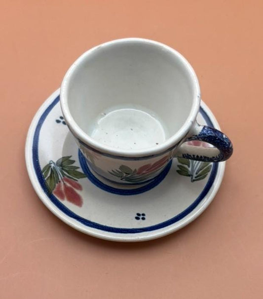 Antique Henriot Quimper Pottery Tea Cup and Saucer Made in France Number 102 Flower Motif Blue and Rose Lover Antiques
