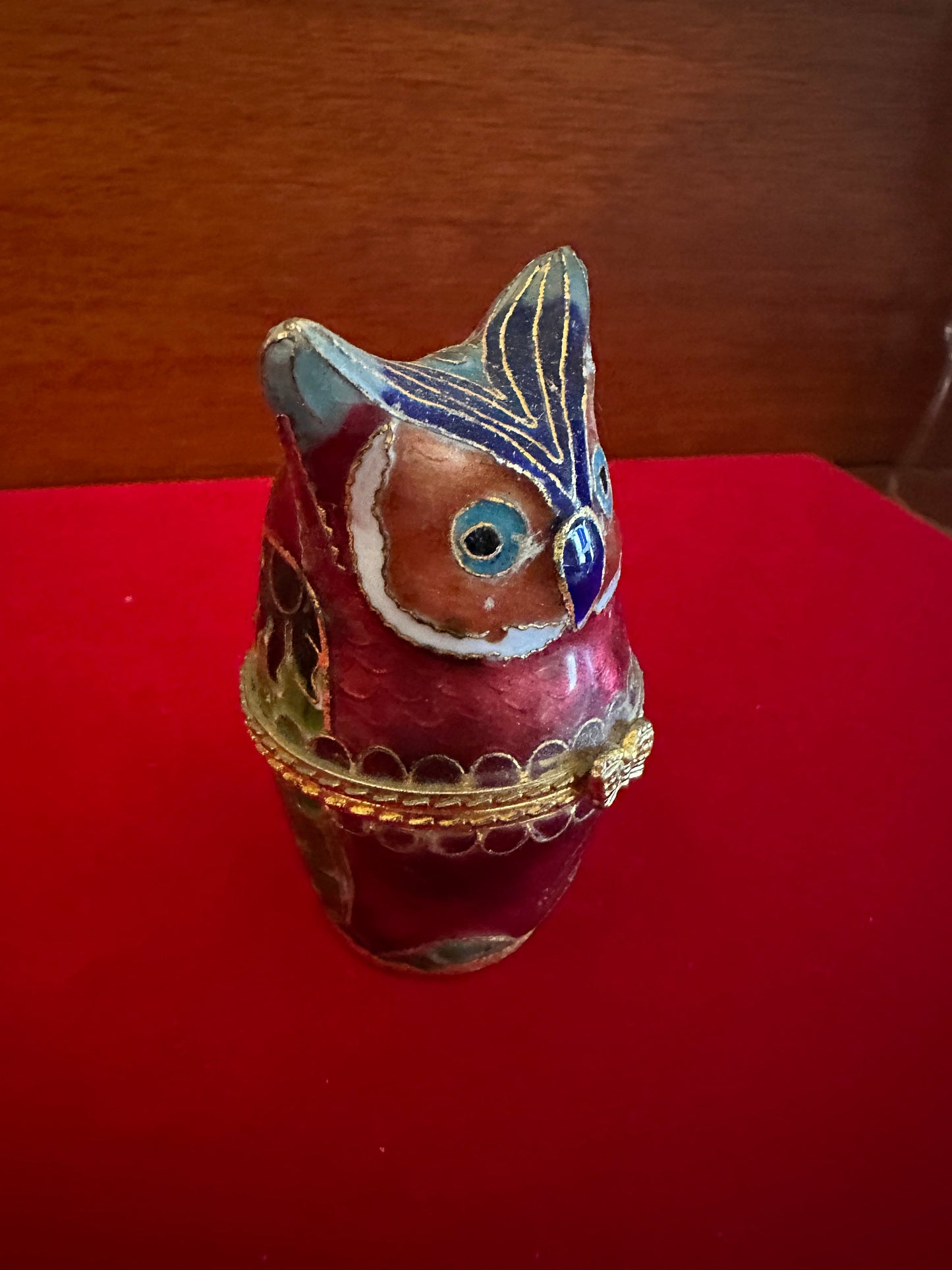 Vintage Cloisonné Owl Trinket Box: Red Enameled Brass Figurine