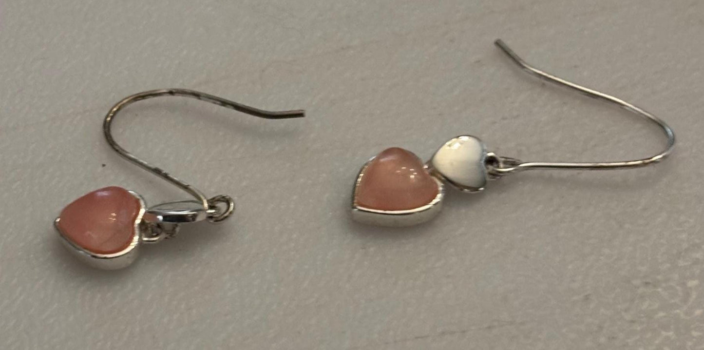 Vintage Pink Heart Mother of Pearl & Sterling Silver Earrings Lover Antiques and Vintage