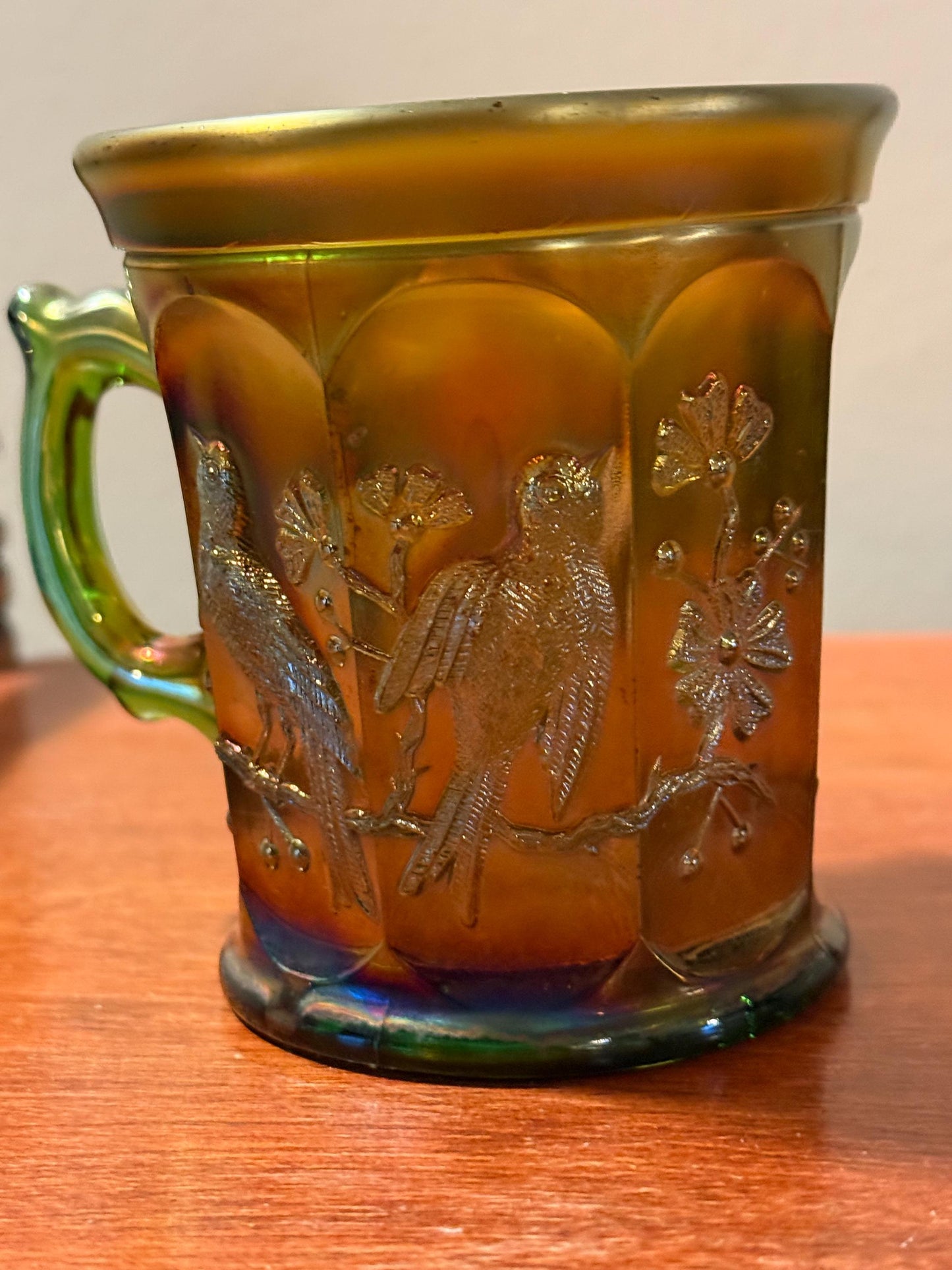 Antique Northwood Singing Birds Green Carnival Glass Mug Cup with Handle Lover Antiques and Vintage