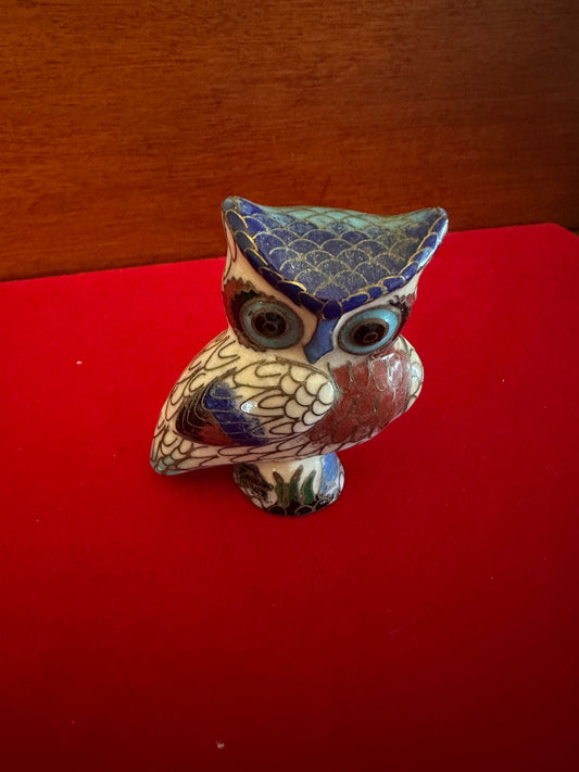 Vintage Cloisonné Enamel Owl Figurine: Cobalt Blue Brass Statue