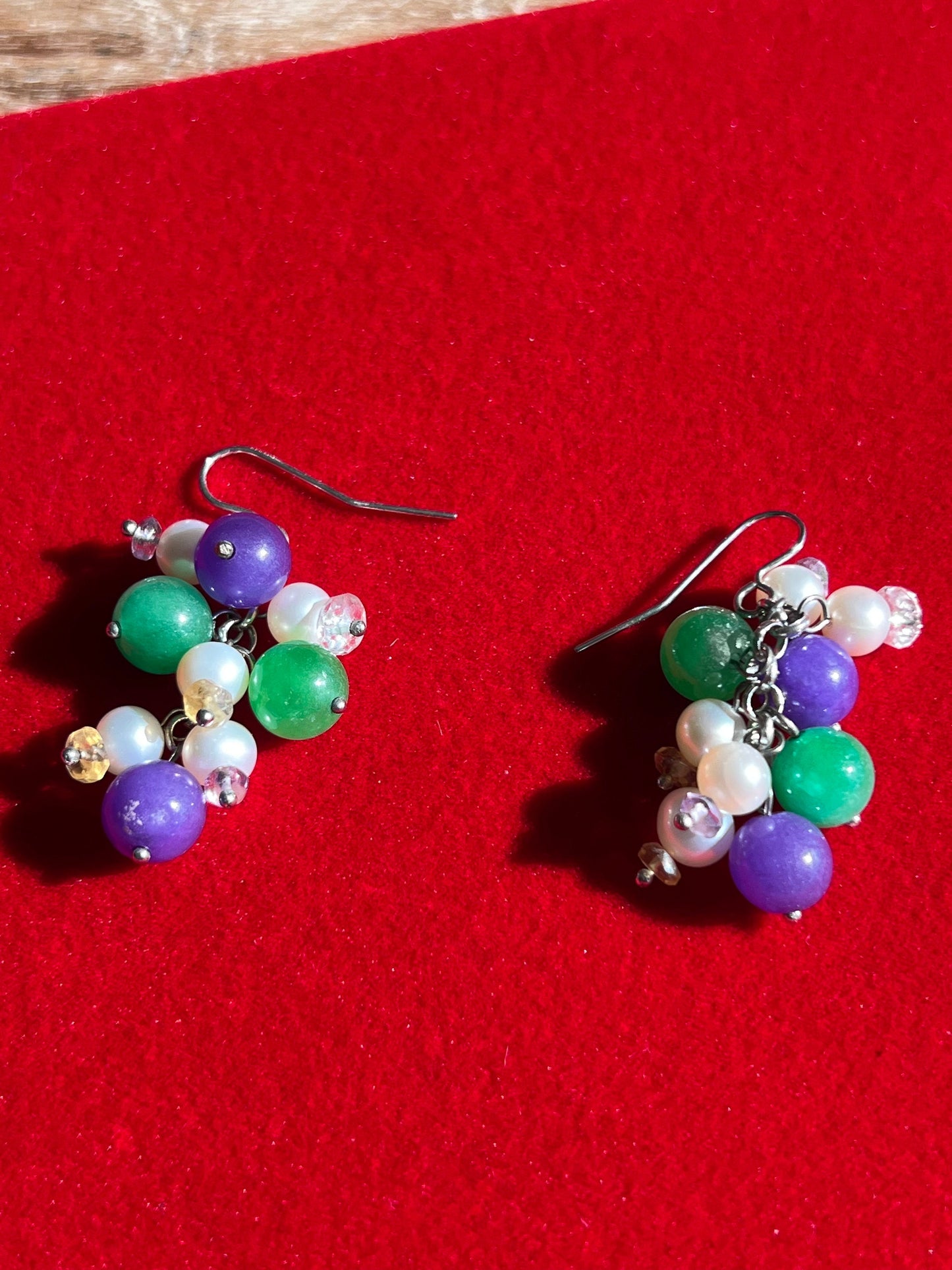 Vintage Cha Cha Earrings: Purple, Green, and White Beaded Jewelry