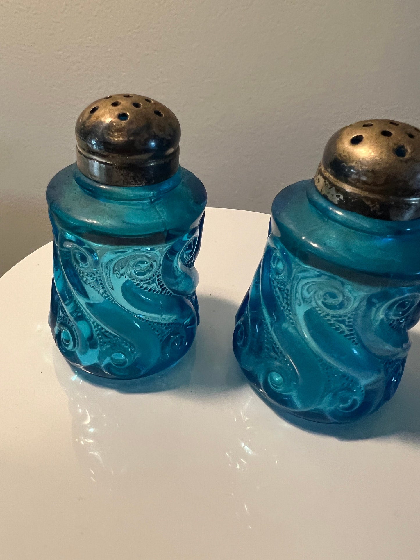 Antique EAPG Blue Glass Salt and Pepper Shakers: National Dugan S. Repeat Pattern