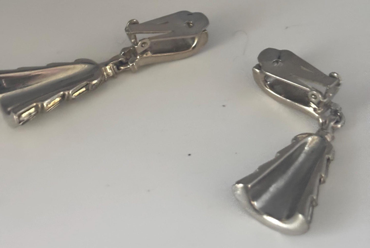 Pennino Rhinestone Earrings, Silver Three Tiered Baguette Cut Design, Bell Shaped