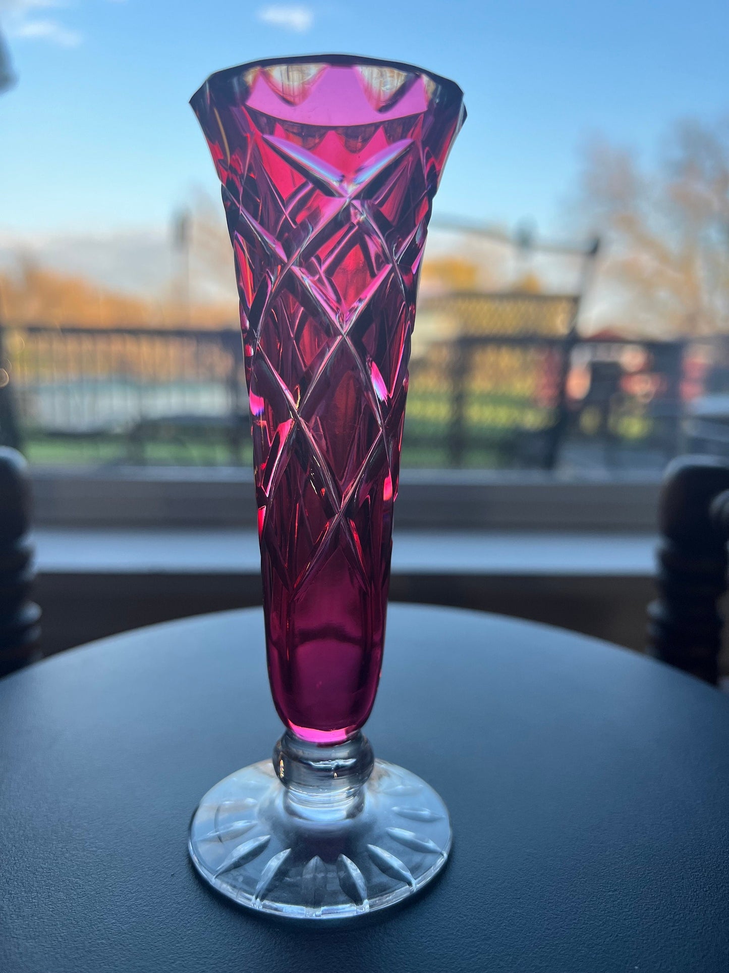 Vintage Ruby Red Cut to Clear Crystal Vase: Bohemian Czech Glass Art