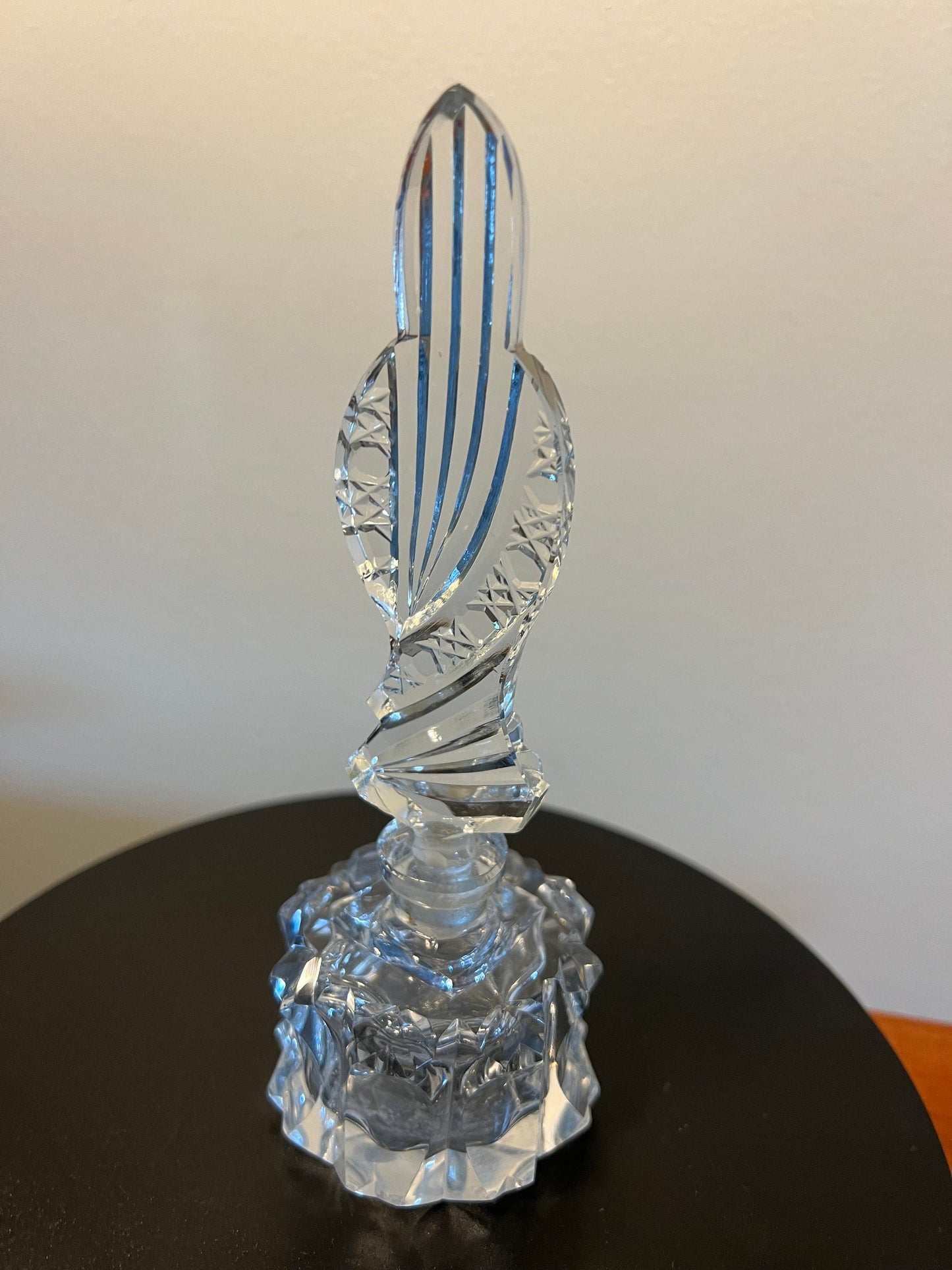 Vintage Cut Crystal Perfume Bottle: Etched Glass Stopper, Art Deco Display