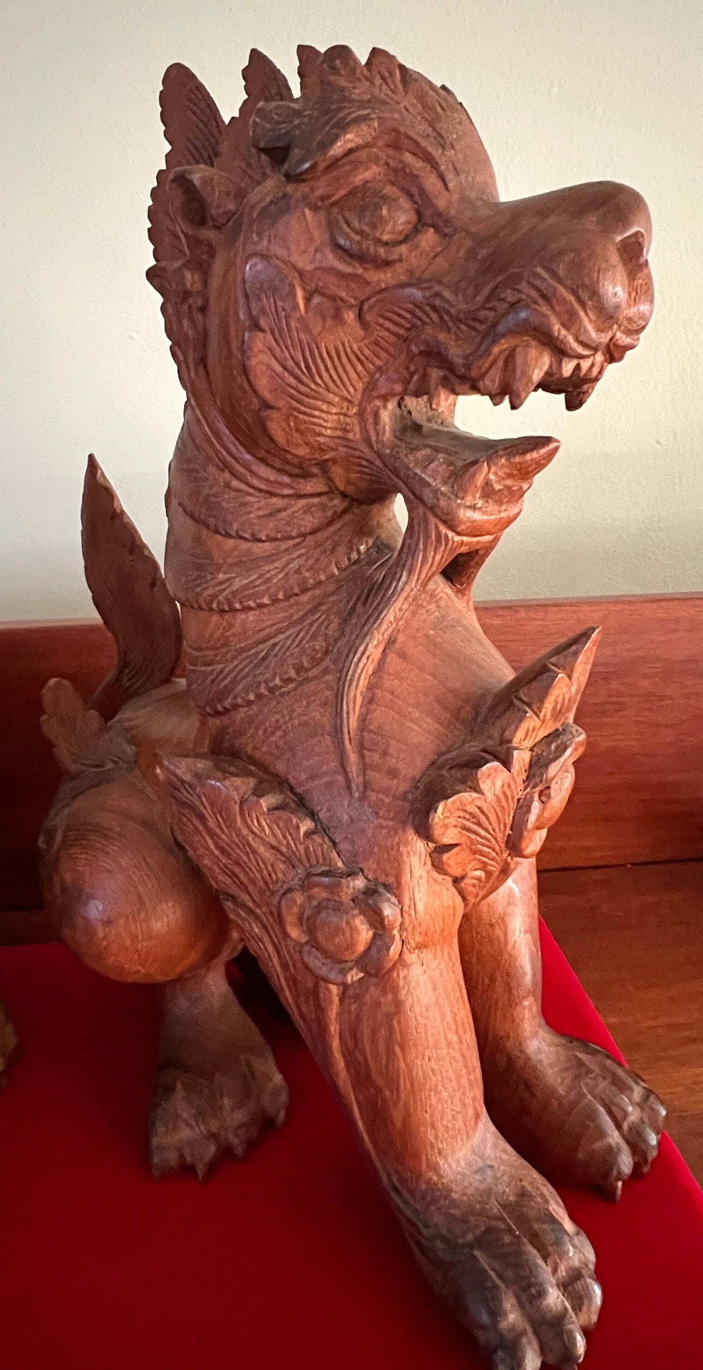 Vintage Carved Teak Foo Dogs: Hong Kong Statues, Set of 2