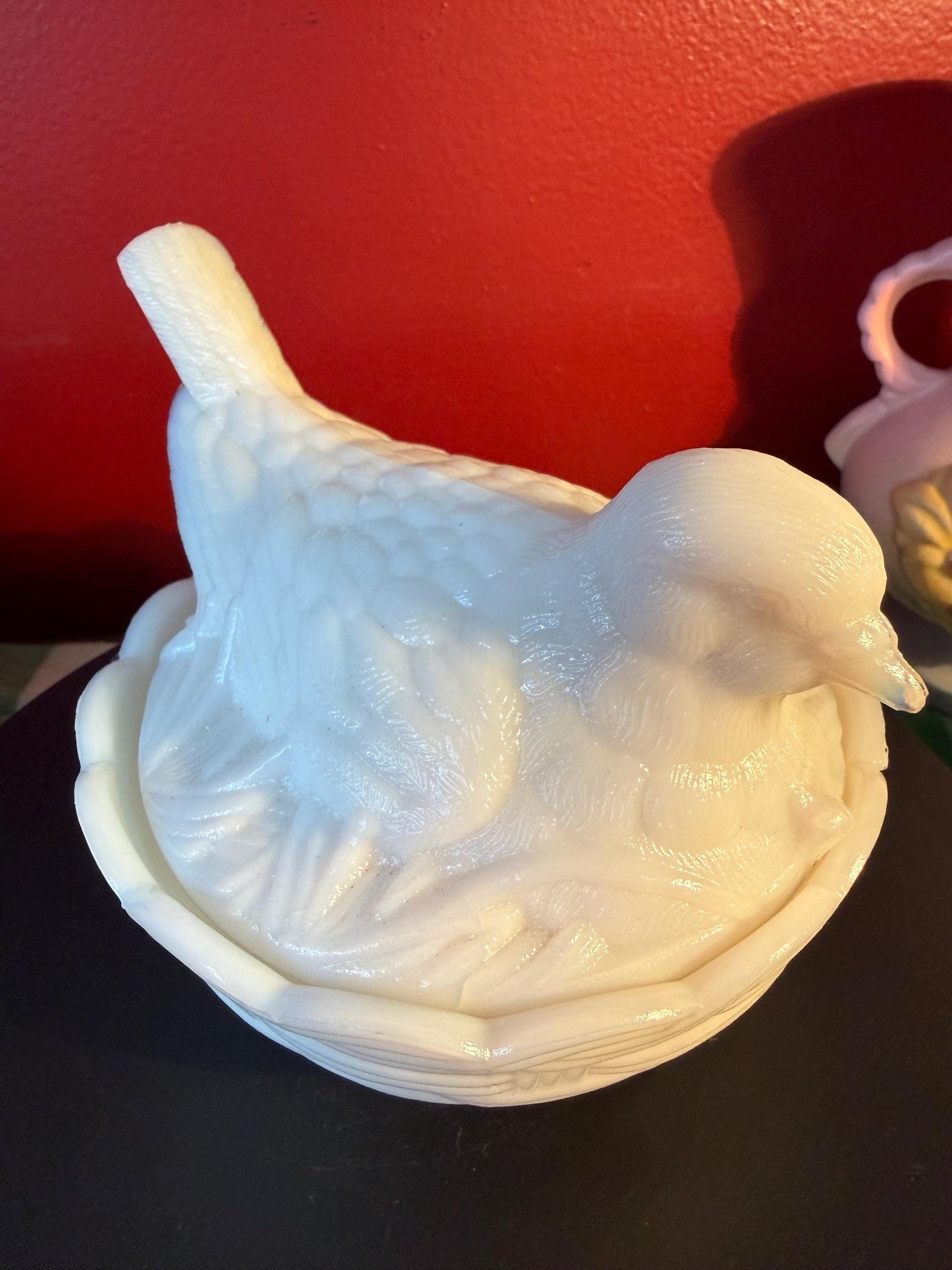 Vintage Hen on Nest Milk Glass Covered Dish White Collectible Animal Figurine