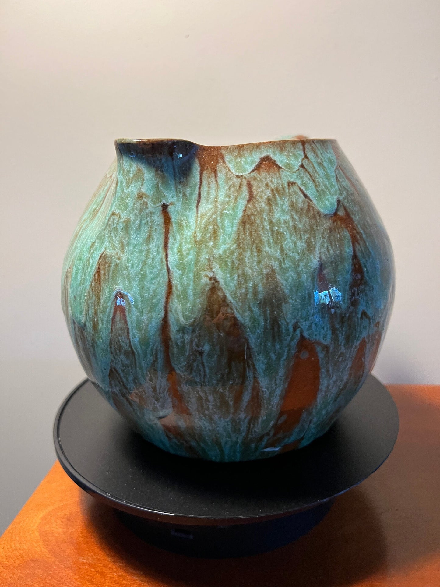 Vintage Hand Dripped Glazed Pottery Pitcher with Handle Green & Brown Rust Lover Antiques