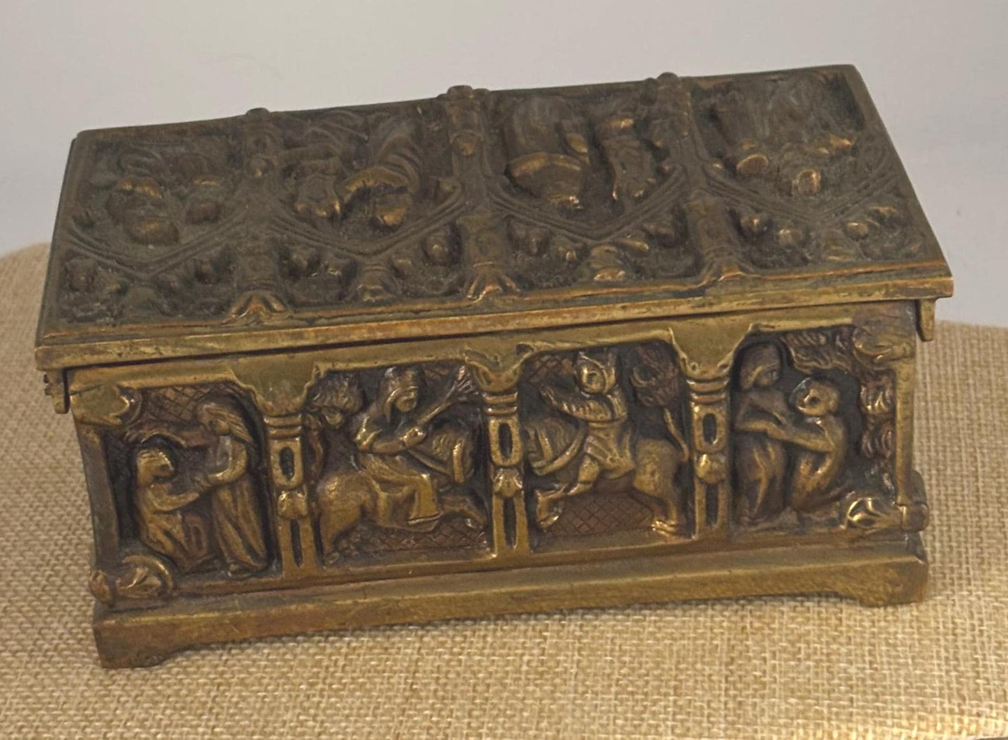 Antique Gothic Bronze Trinket Box Casket Jewelry Box Vintage Relic Collectible