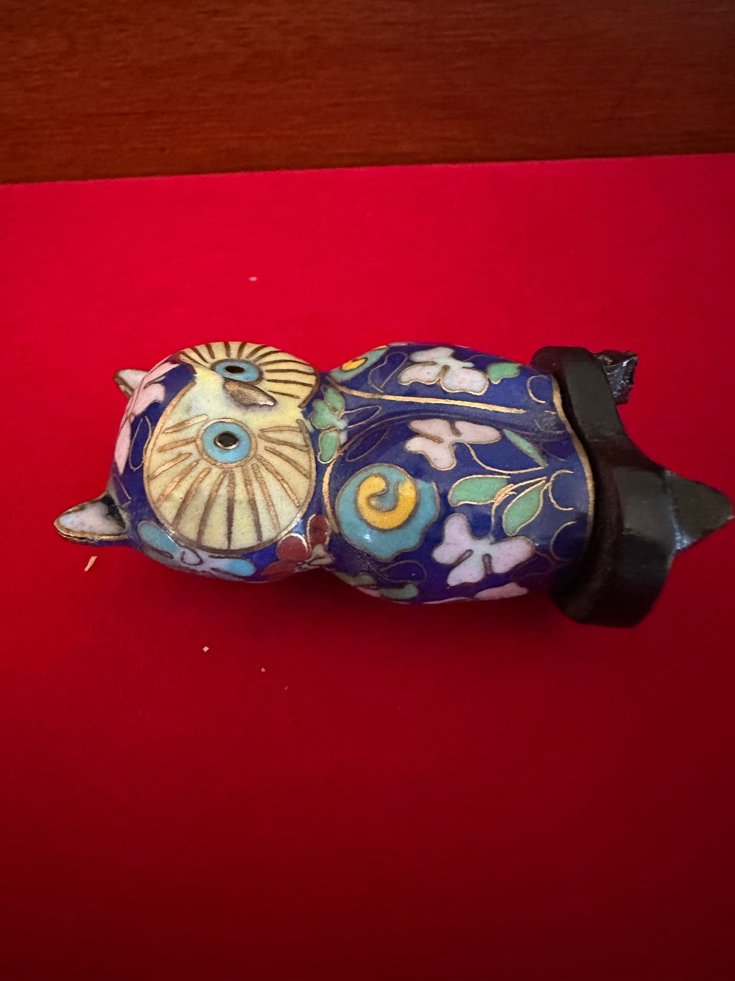 Vintage Cloisonné Enamel Owl Figurine on Stool: Cobalt Blue Brass Statue
