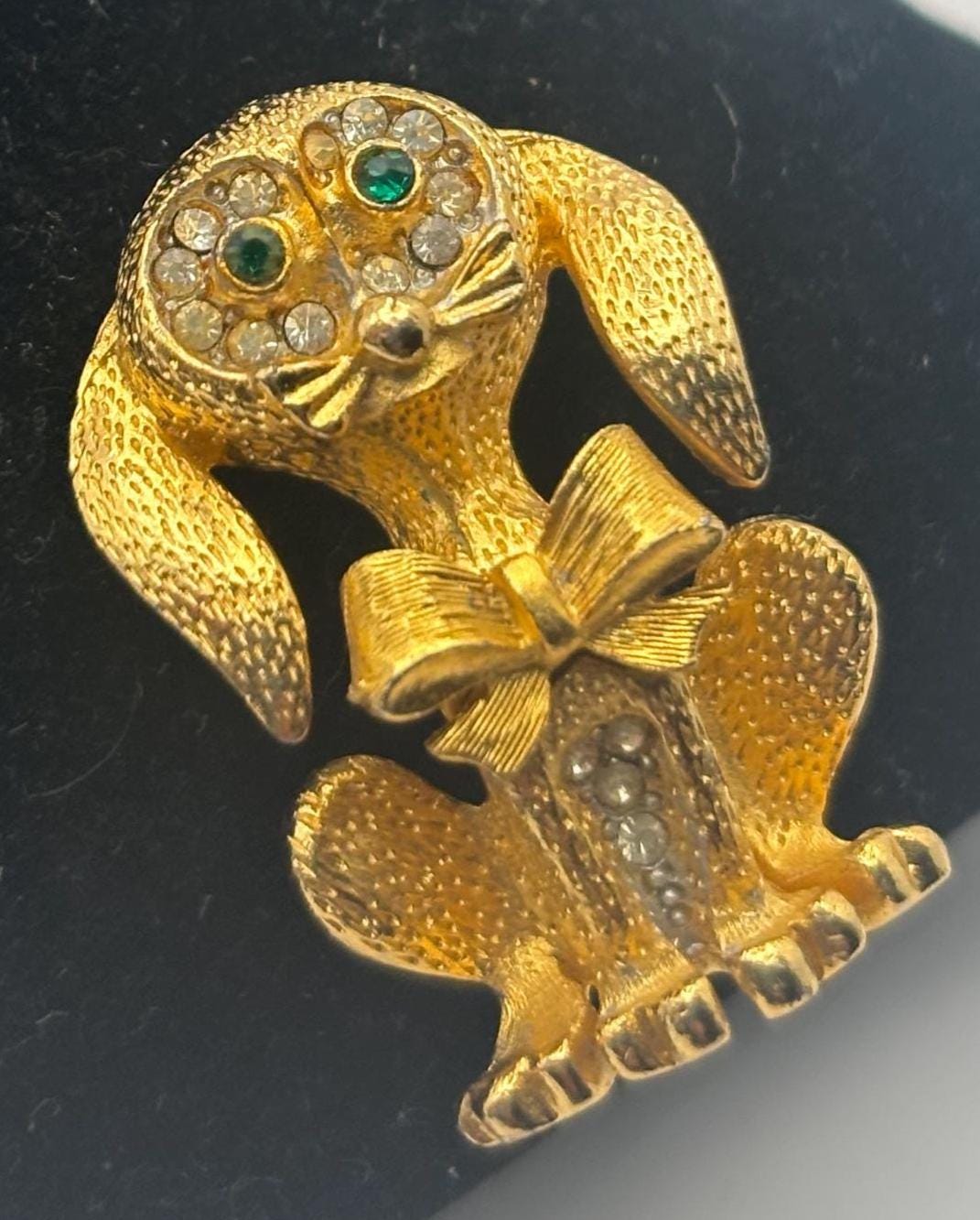Gold Puppy with Green Rhinestone Eyes Pin, Dog with Bow Brooch, Signed SAO