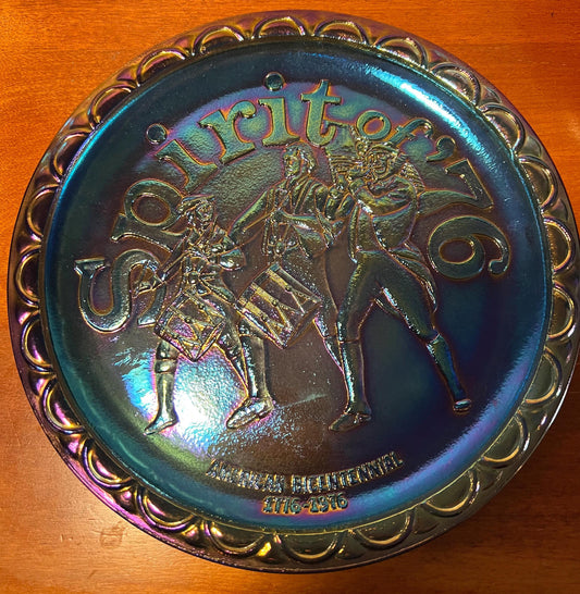 Vintage Indiana Glass Carnival Plate: 1776-1976 Bicentennial Iridescent Blue