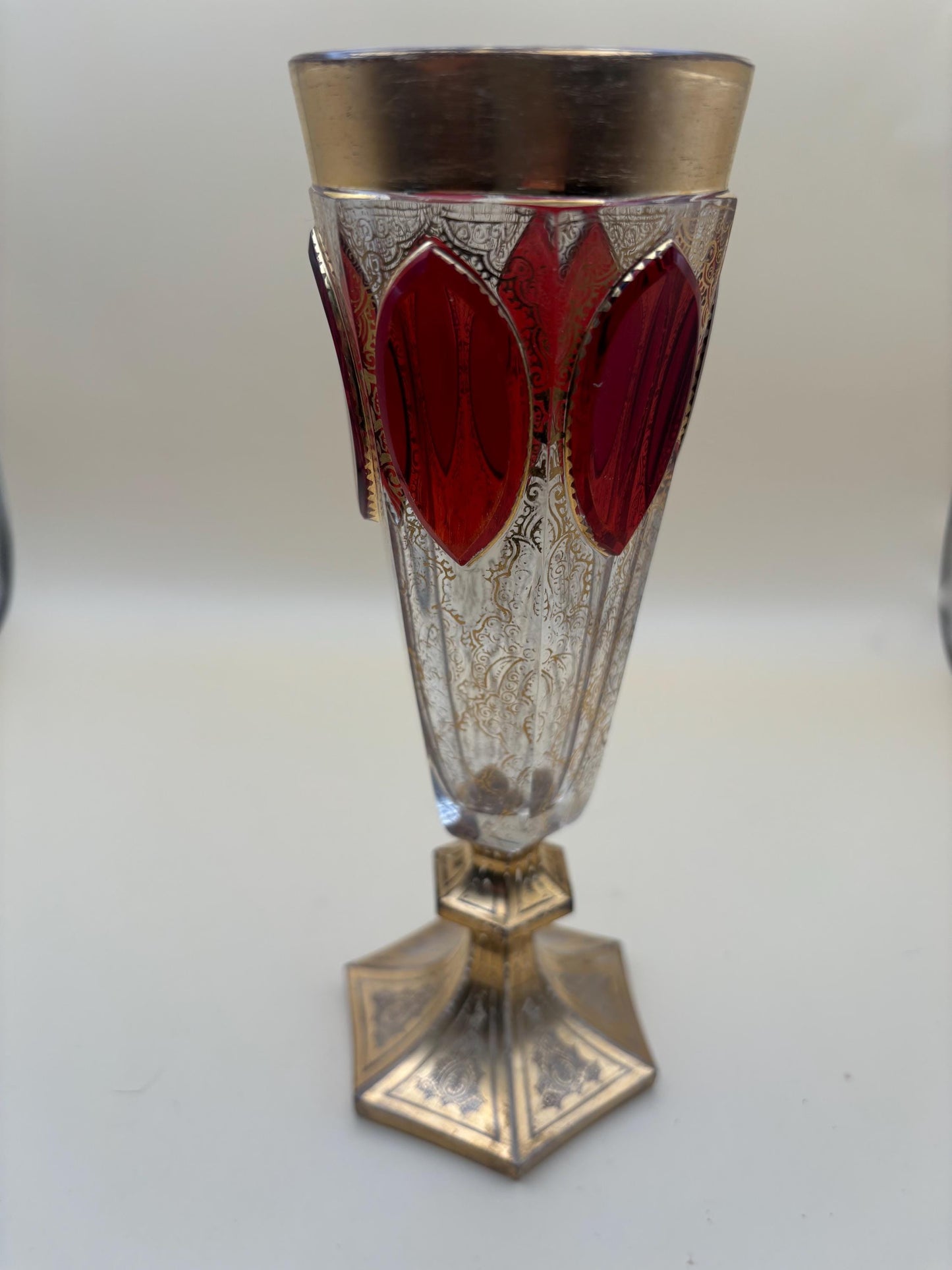 Antique Bohemian Cranberry Cut Cabochon Tall Vase with Gold Gilding Lover Antiques and Vintage