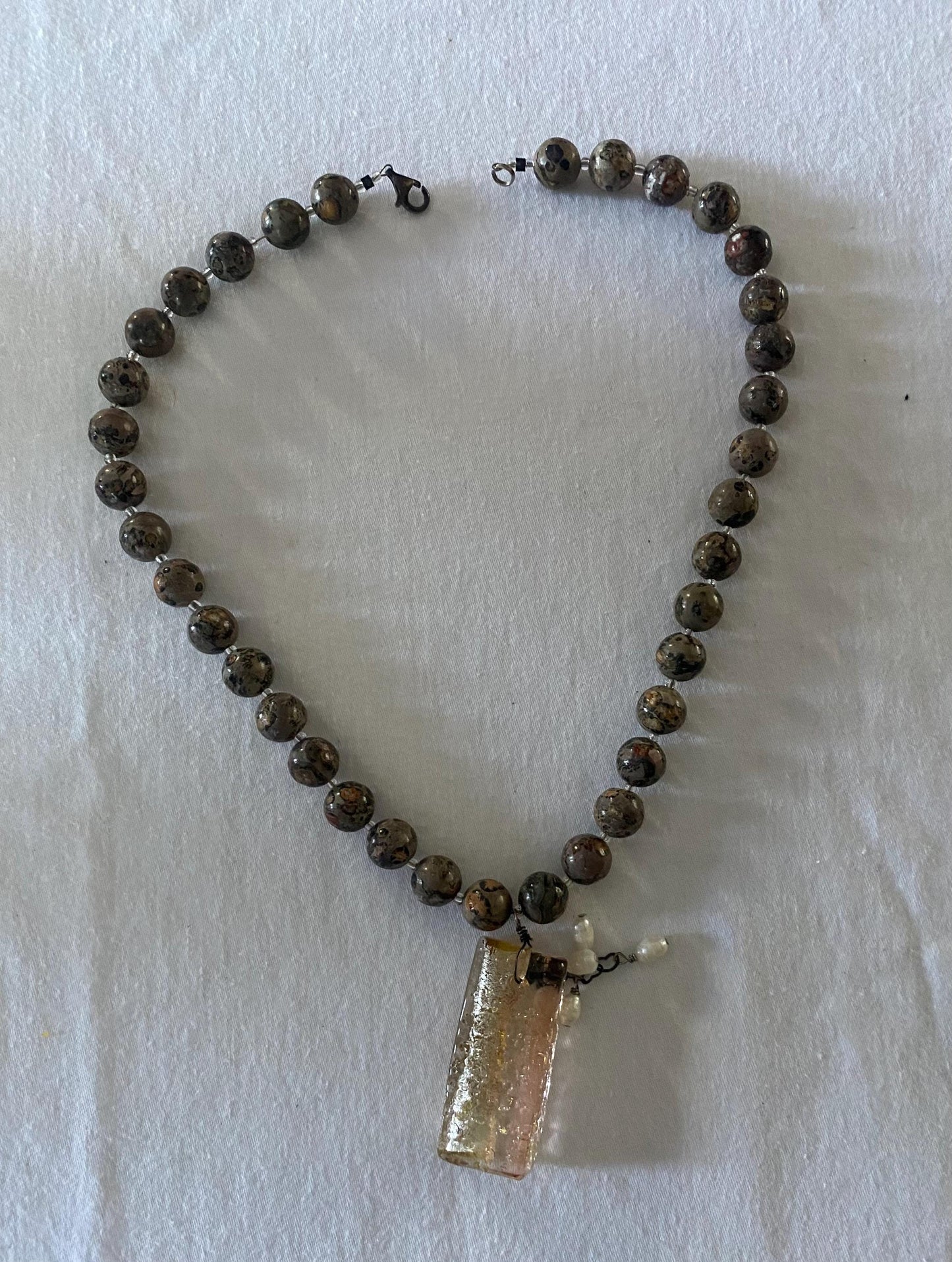 Vintage Jasper Beaded Necklace with Rose Quartz Pendant Unique Gifts Galore Lover Antiques and Vintage