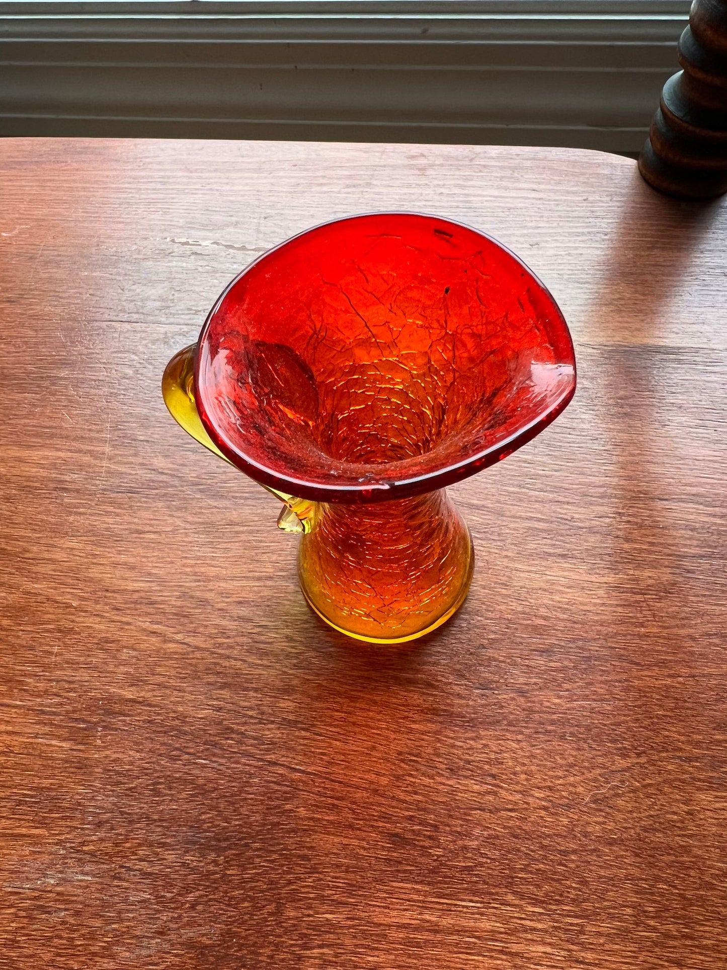 Vintage Amber Crackle Art Glass Orange mini pitcher with handle