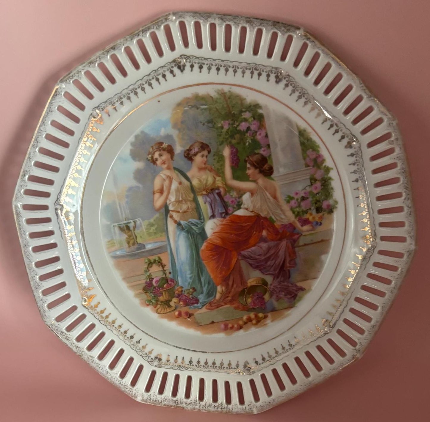 Vintage Porcelain Plate with Gold Trim Cut Out Plate By Carl Schumann Bavaria Greek Roman Mythology Scene Lover Antiques and Vintage