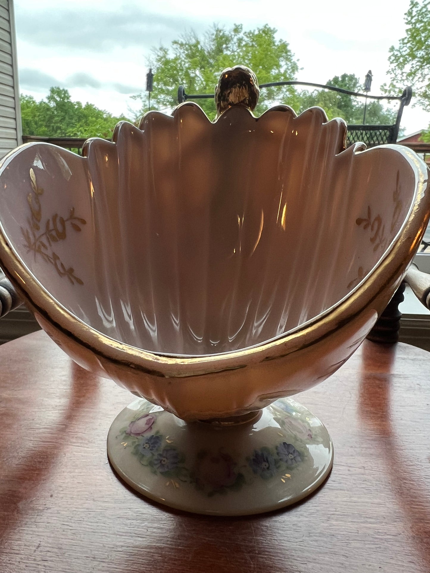 Vintage Cambridge Crown Tuscan Flying Lady Compote Glass Bowl Charleton Gilt and Floral Painting Opalescent Peach Lover Antiques and Vintage