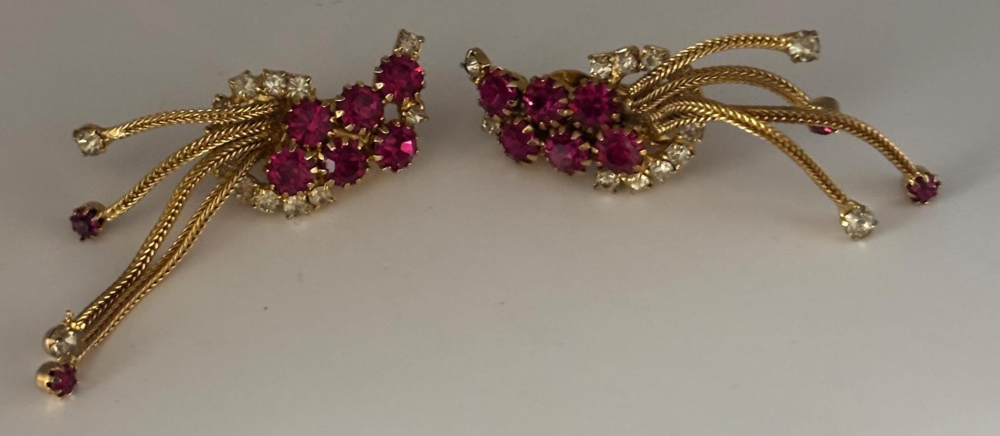 Vintage Swarovski Pink Rhinestone & Gold Clip On Earrings Lover Antiques and Vintage