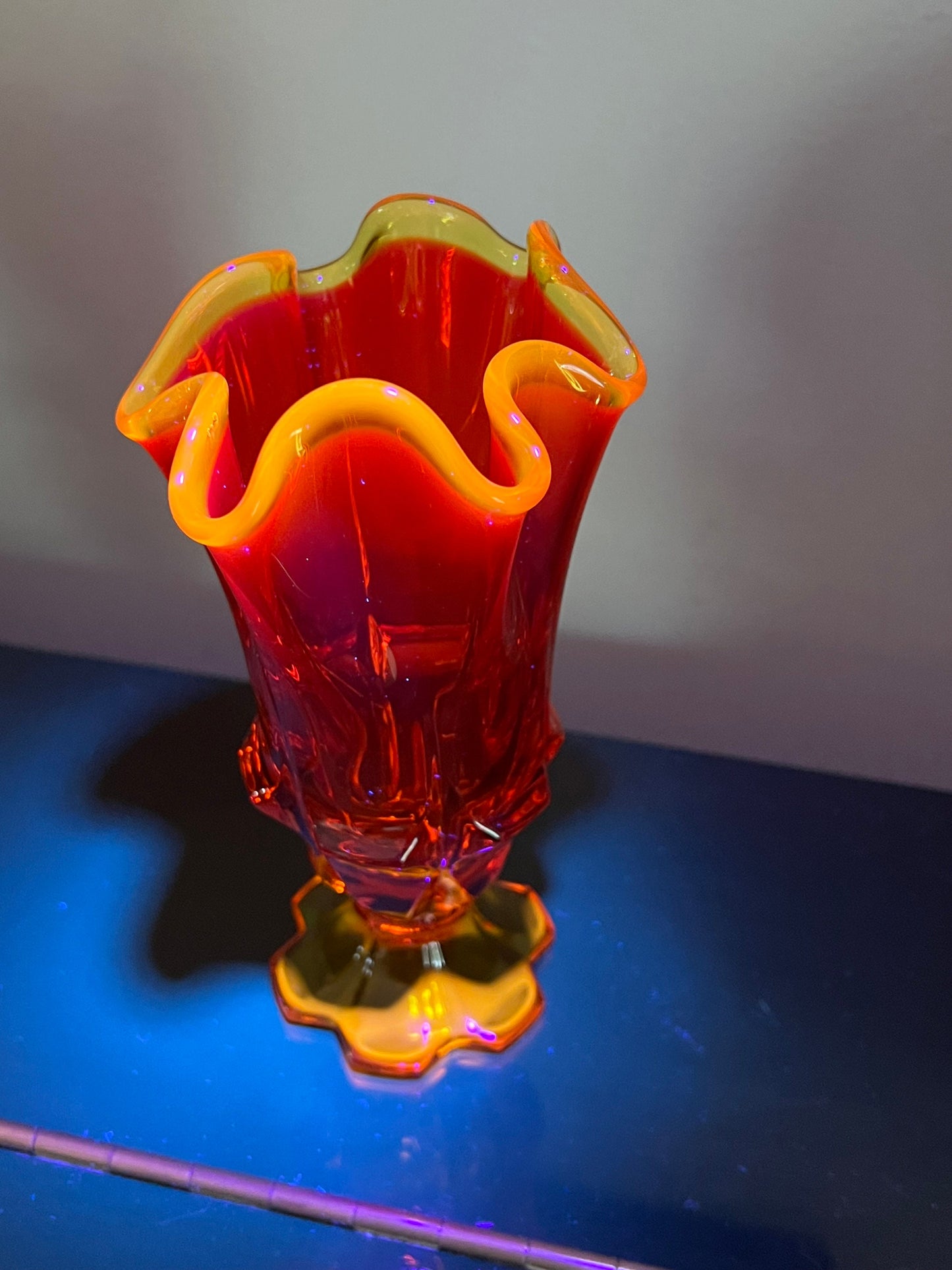 Vintage Fenton Amberina Handkerchief Glass Vase Footed Bowl Glowing Art Glass Lover Antiques and Vintage