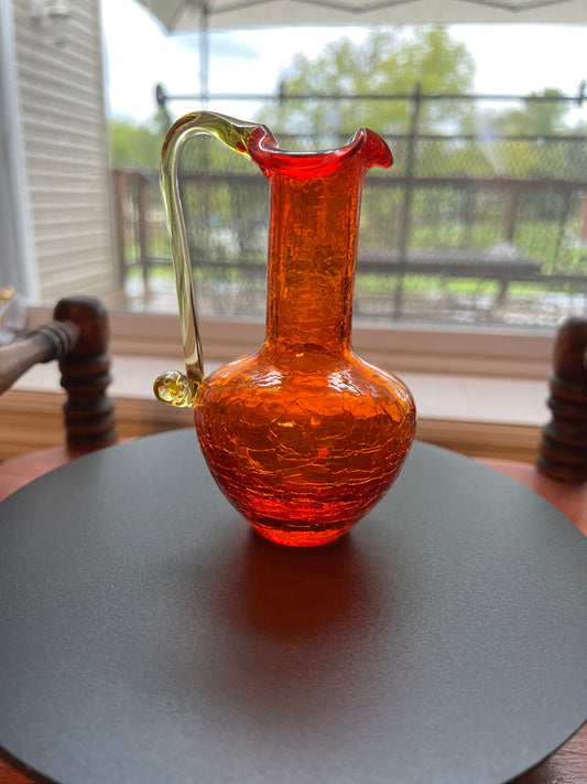 Vintage Crackle Amber Art Glass Pitcher: Orange & Yellow Decor