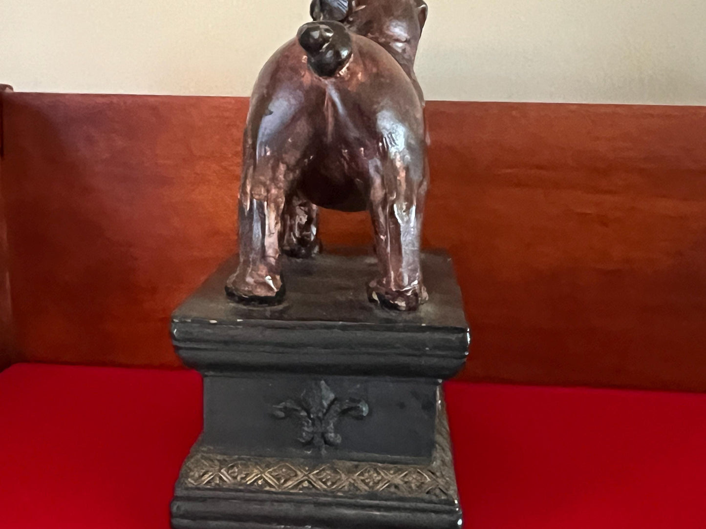 Vintage Brown Bulldog Statue with Fleur de Lis Base