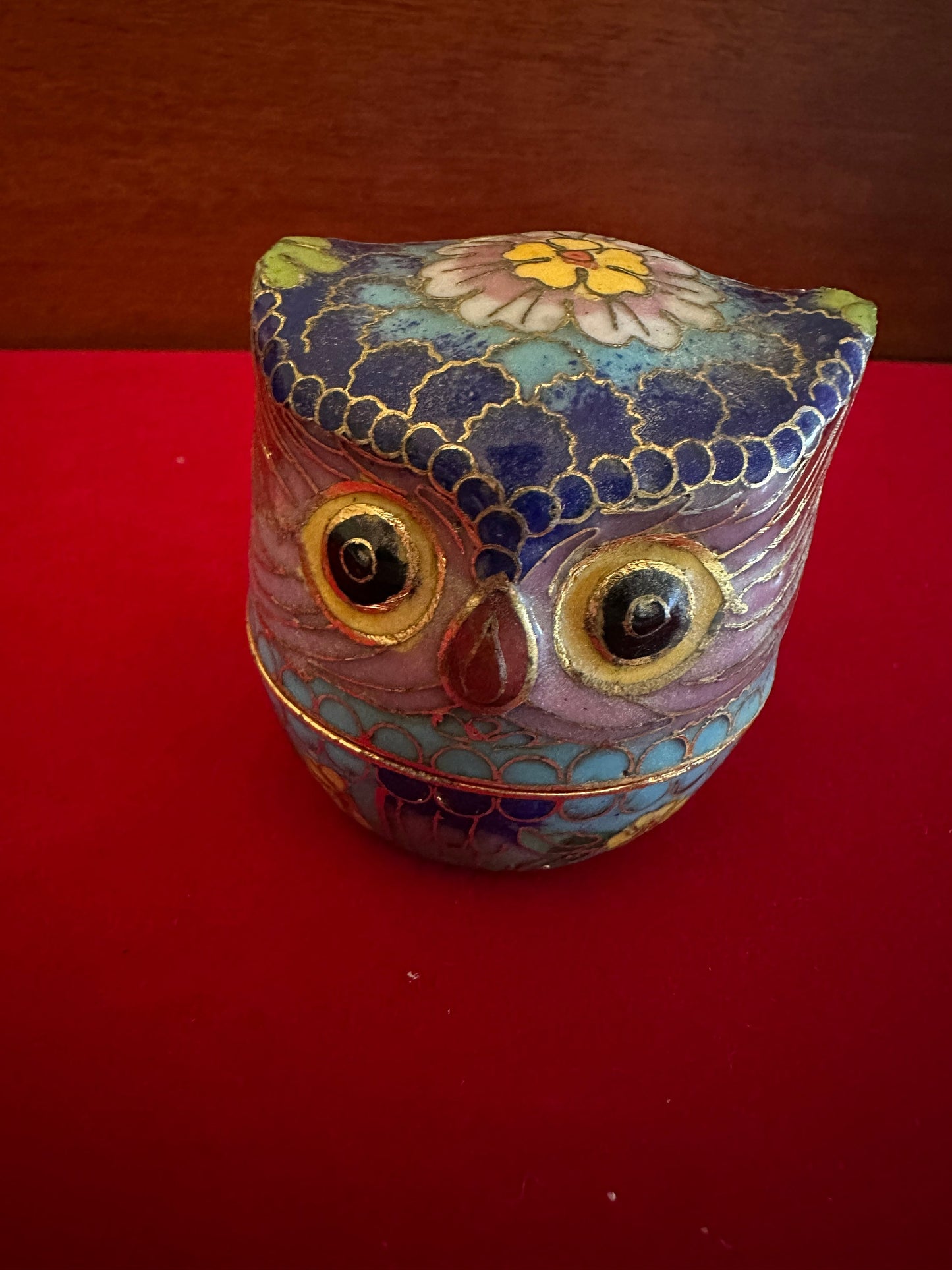 Vintage Cloisonné Enamel Owl Trinket Box: Cobalt Blue & Brass