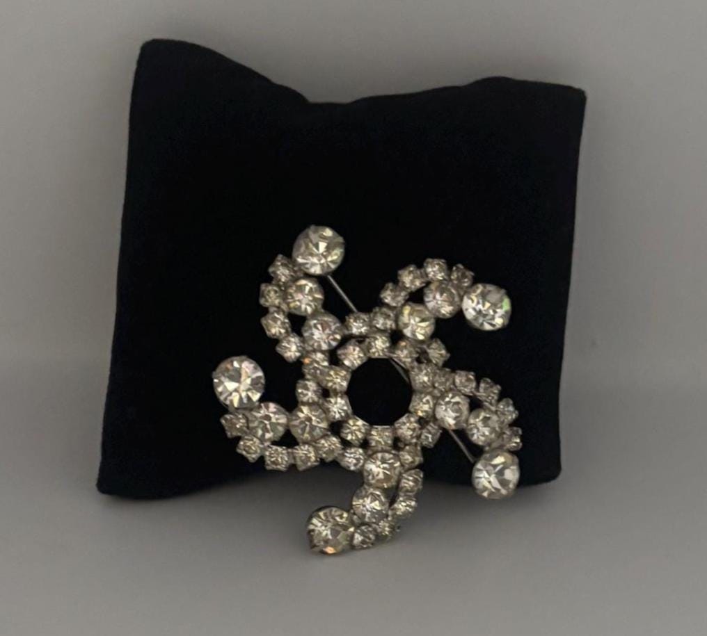 Vintage Rhinestone Swirl Brooch, Crystal Elegant Pin Jewelry