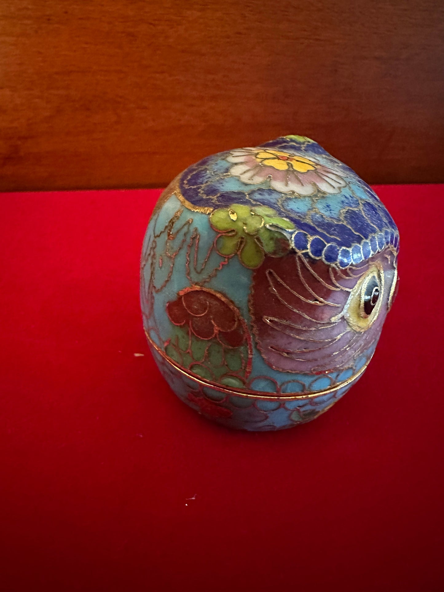Vintage Cloisonné Enamel Owl Trinket Box: Cobalt Blue & Brass