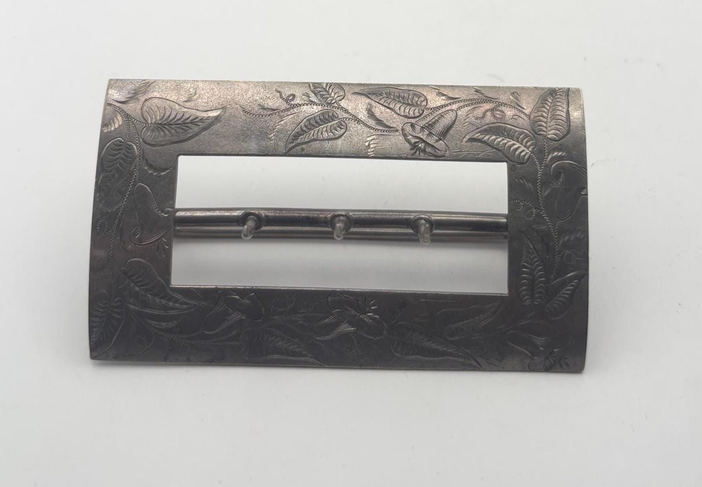 Antique Sterling Silver Belt Buckle Sash, Engraved Flowers Floral