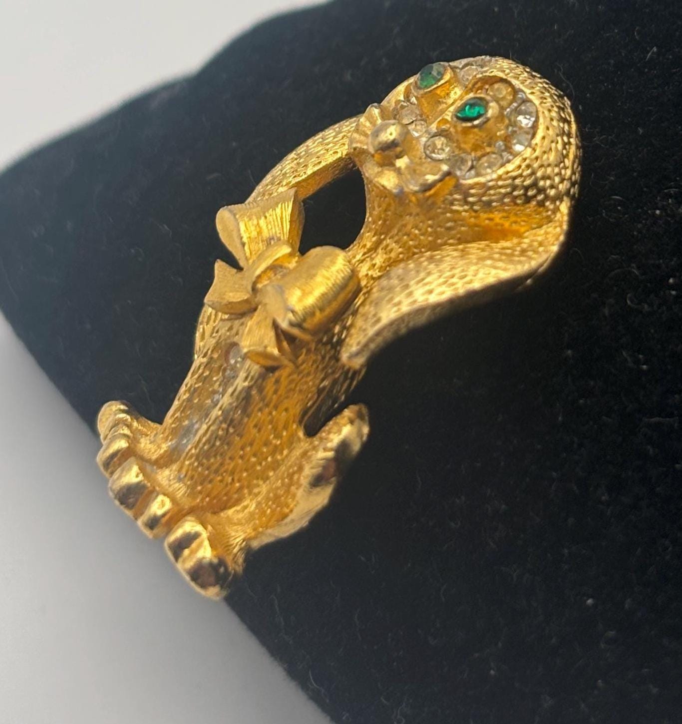 Gold Puppy with Green Rhinestone Eyes Pin, Dog with Bow Brooch, Signed SAO