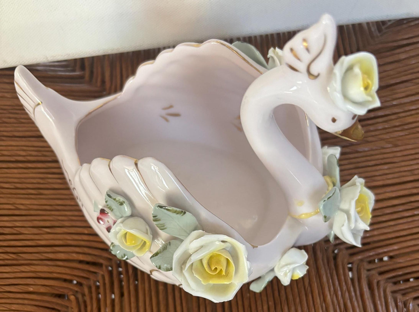 Vintage Lefton Hand Painted Porcelain Swan with Roses Capodimonte Style Figurines Japanese Lover Antiques and Vintage
