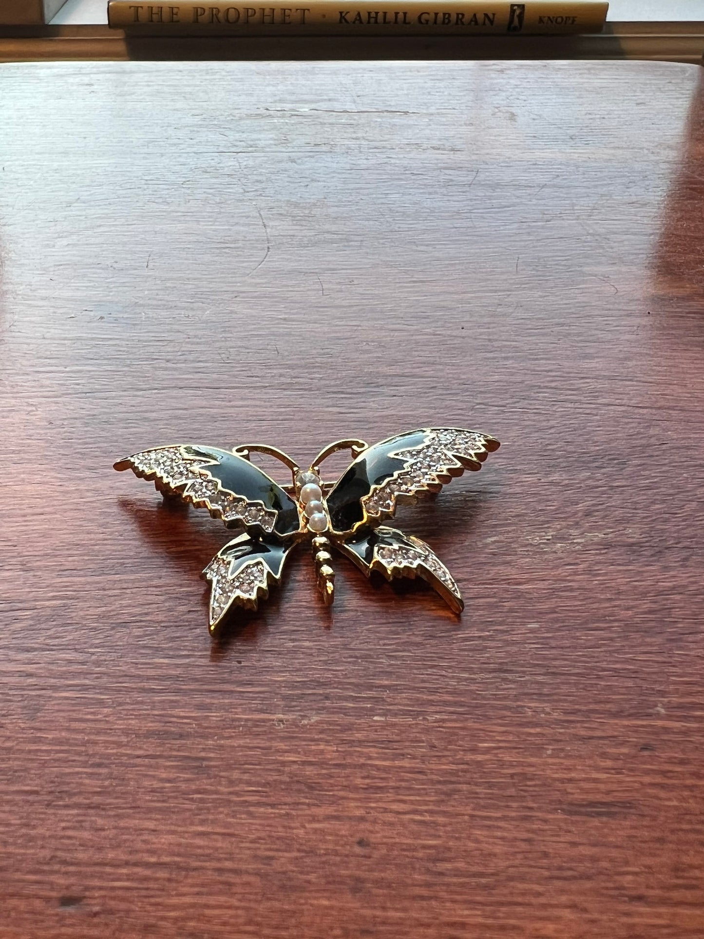 Vintage Butterfly Brooch, Black, Gold Tone, Gem Accents