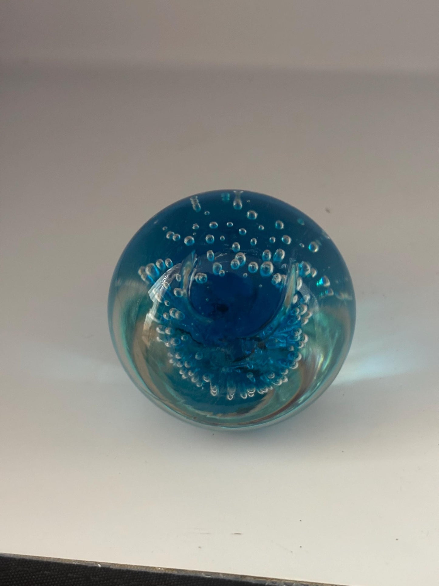 Vintage Aqua Glass Pear Bullicante with Controlled Bubbles 4.5 Inch Hand Blown Paperweight