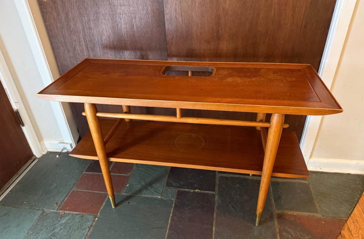 Lane Copenhagen Mid Century Modern Walnut Console Table, Tapered Legs with Brass Tips & a Cut Out, Lover Antiques and Vintage