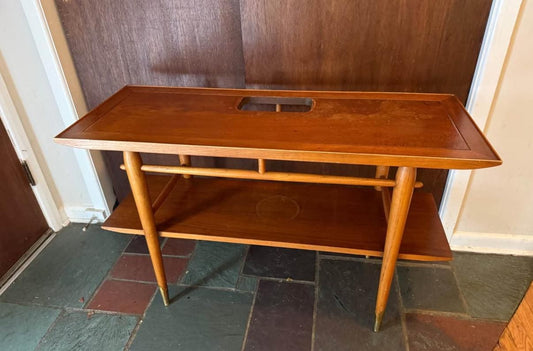 Lane Copenhagen Mid Century Modern Walnut Console Table, Tapered Legs with Brass Tips & a Cut Out, Lover Antiques and Vintage