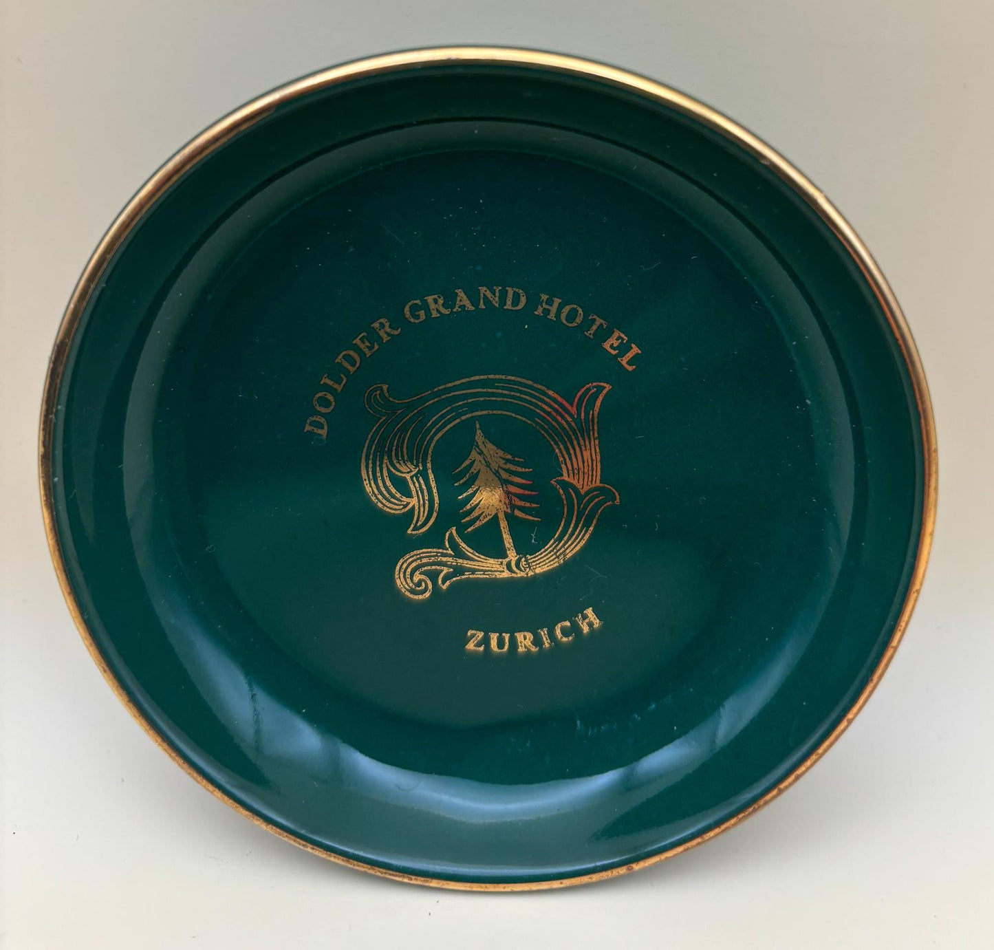 Vintage Dolder Grand Hotel Zurich Coasters: Green & Gold Gilded Set