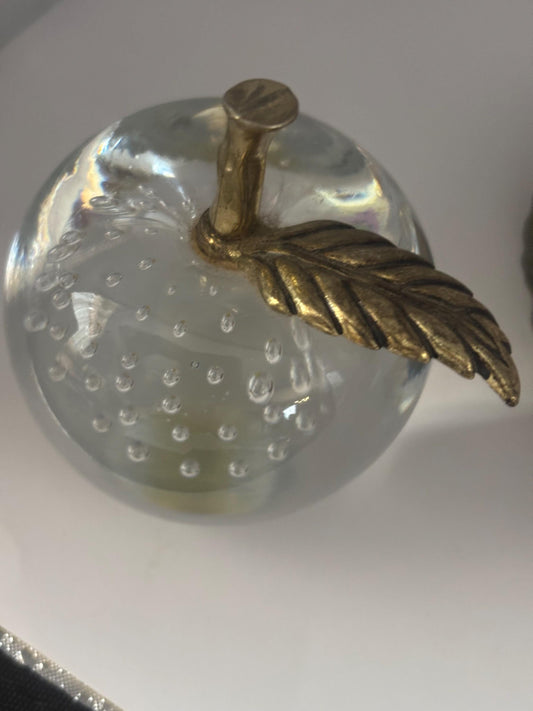 Silvestri Clear Glass Apple Paperweight with Brass Stem Vintage Bullicante Bubbles 3 Inch Decor