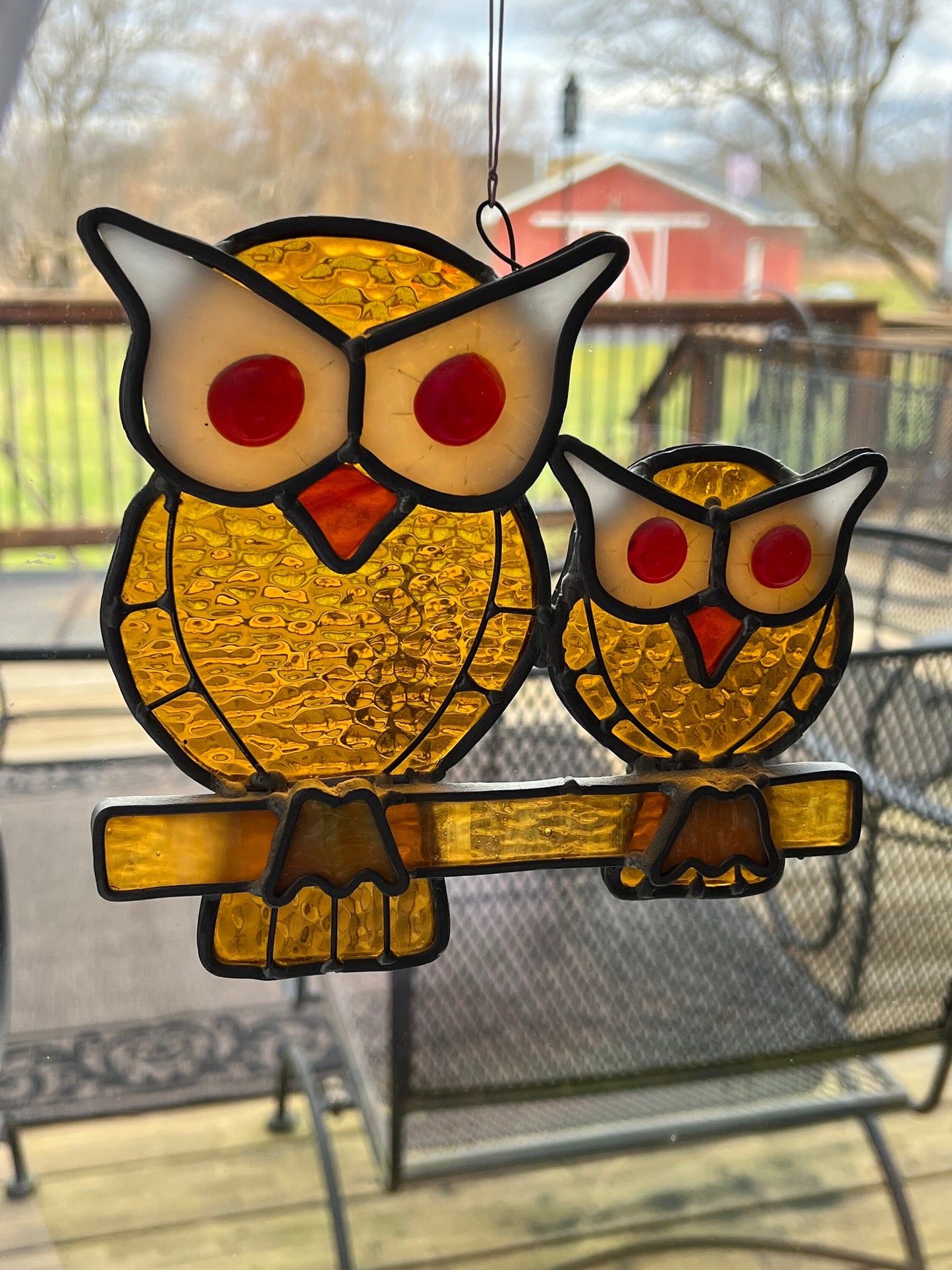 Vintage Stained Glass Owl Family Window Hanging