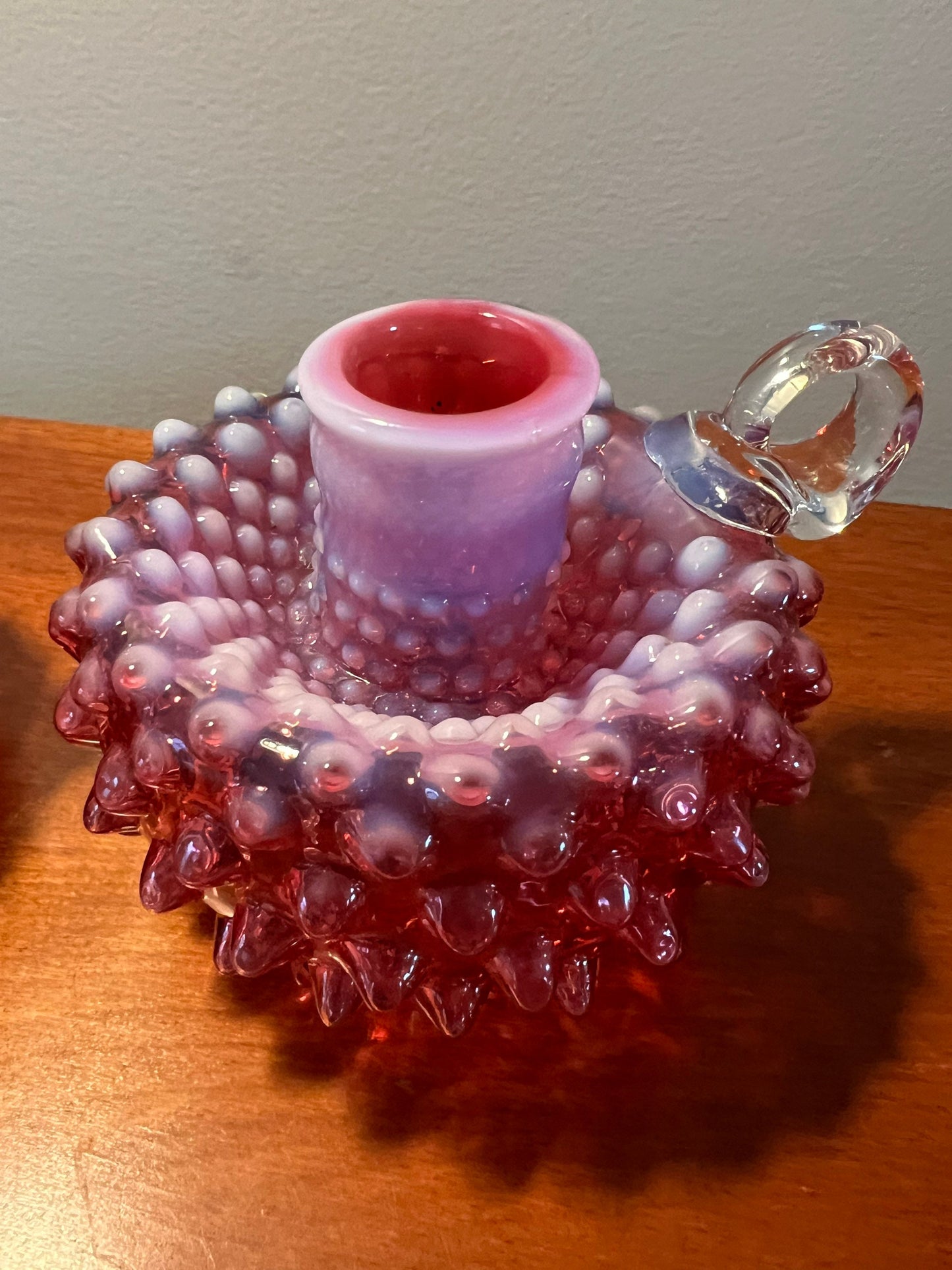 Vintage Fenton Cranberry Opalescent Hobnail Candleholder Pair Art Glass Pink Rose vintage