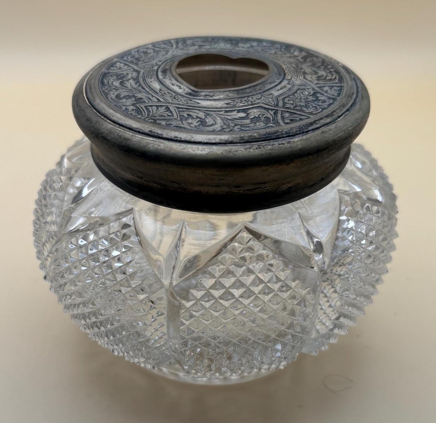 Antique Victorian Cut Crystal Hair Receiver Jar Sterling Silver Lid Lover Antiques and Vintage