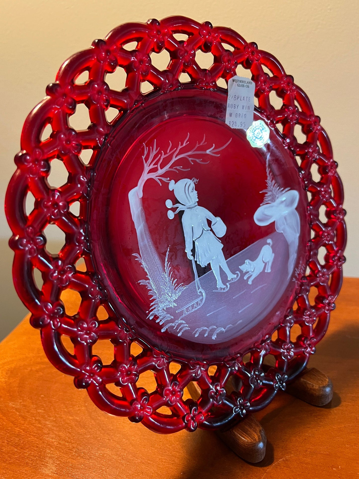 Vintage Westmoreland Ruby Red Plate: Girl, Dog, and Sled - 1981